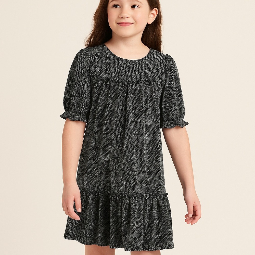 Wonder Nation Dress Girls XXL 18 Metallic Black Silver Puff Sleeve Party Glam